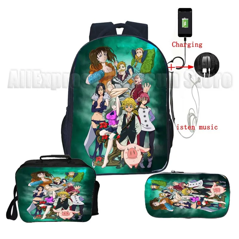 Kids The Seven Deadly Sins Backpack 3pcs Set Boys Girls USB Travel Bagpacks Students Anime School Bags with Lunch Bag Pencil Box - купить по