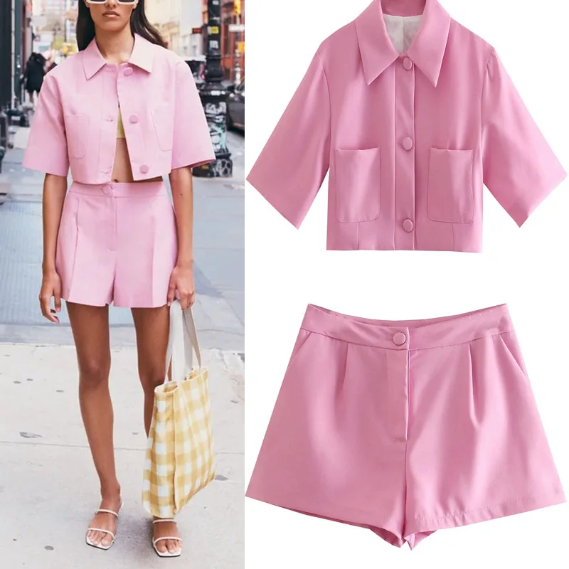 

Za Summer Office Woman Suit Suits V-neck Front Single Breasted Pocket Suit Buttons Zipper Short Pants Casual Short Suit Suits