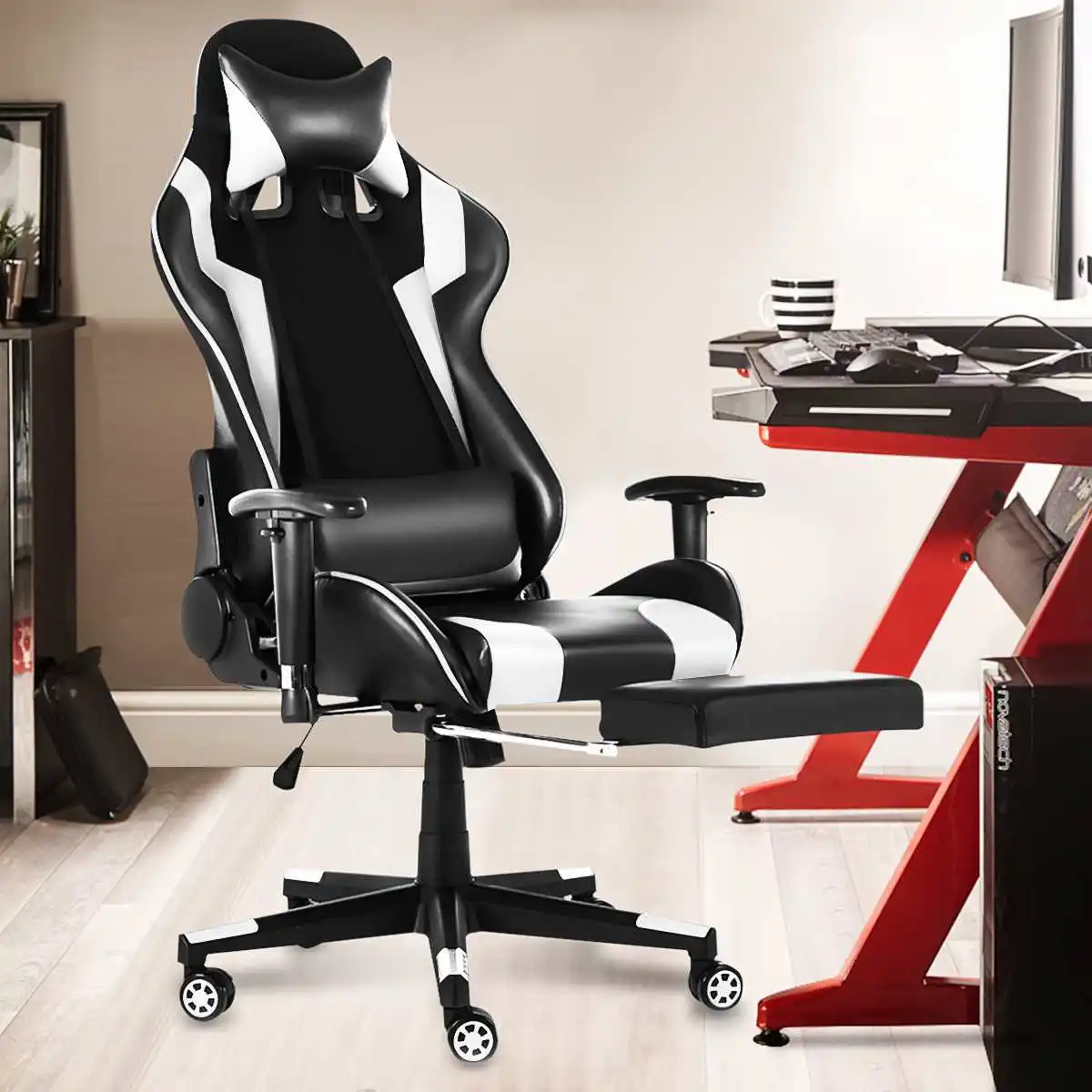 

WCG Computer Gaming Chair Office Ergonomic Leather Recliner Office Internet Cafe Racing Gamer Chair Armchair with Footrest