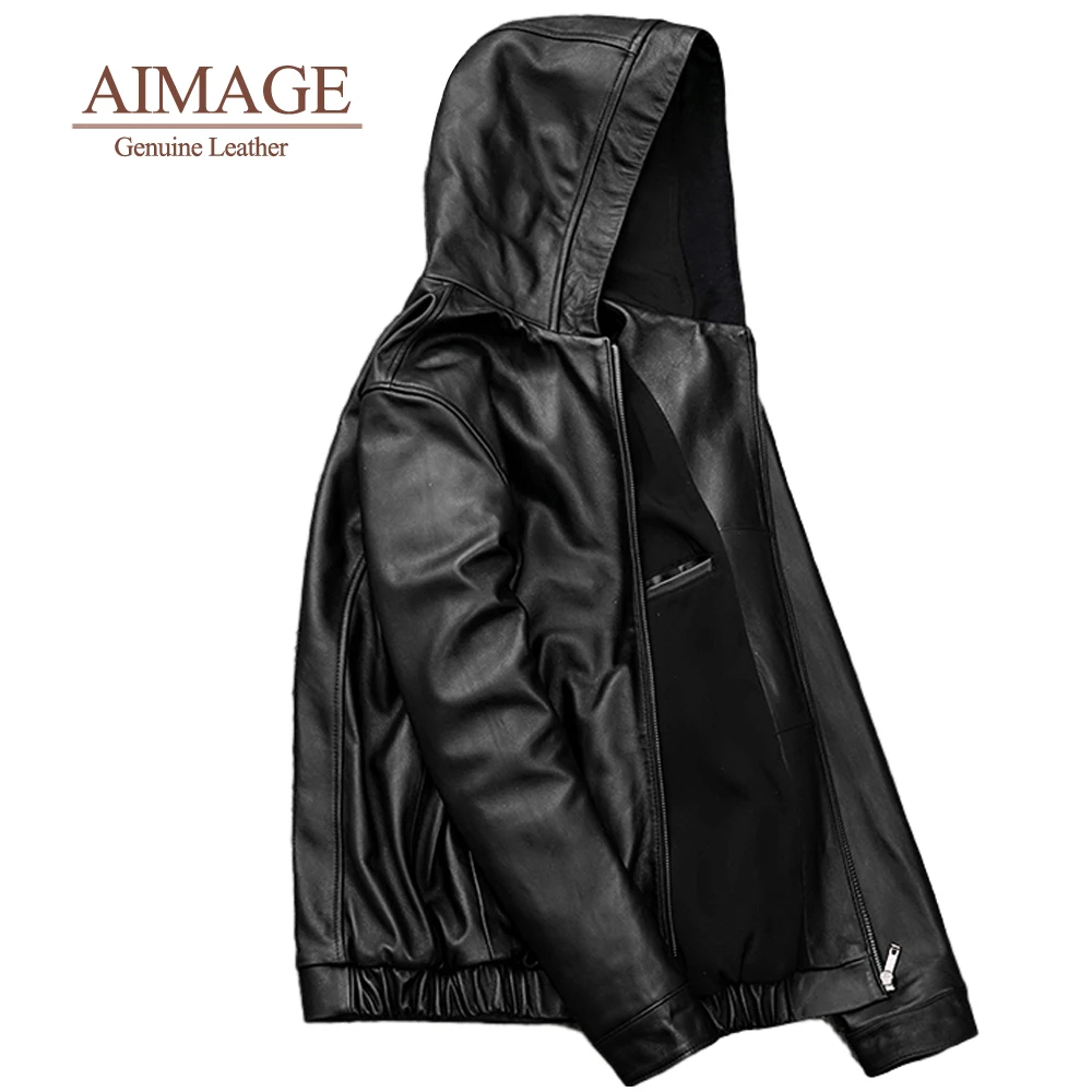 Мужская кожаная куртка с капюшоном осенняя простая из 2021 натуральной овечьей