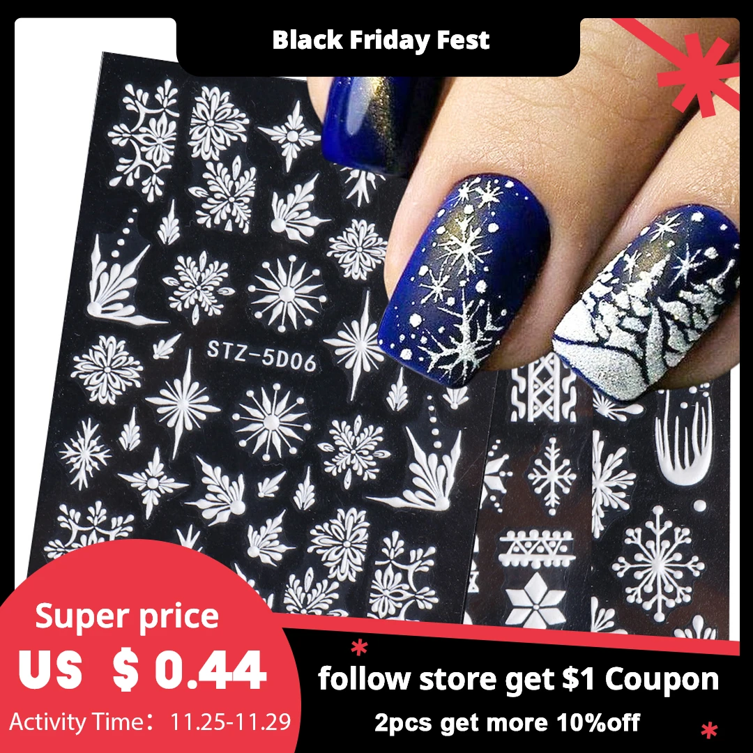 

1PCS Christmas Nail Stickers White Snowflake New Year 5D Embossed Sliders Winter Manicure Art Gel Polish Decals LASTZ5D01-08