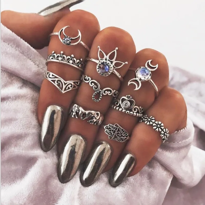 New Bohemian Vintage Gold Crescent Geometric Joint Ring Set Crystal Personality Design Party Jewelry For Women Gift | Украшения и