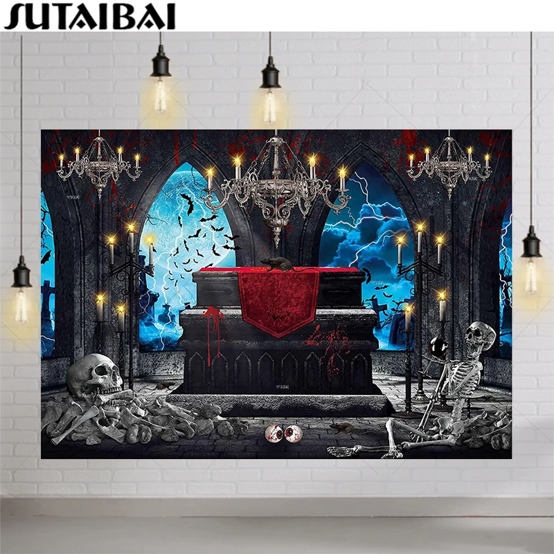 

Horror Halloween Vampire Crypt Backdrop Moonlight Medieval Castle Gothic Window Cemetery Skulls Haunted House Photo Background
