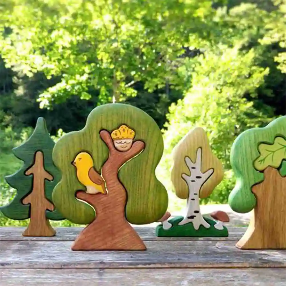 

14pcs Wooden Cartoon Animal Cute Toys Trees Nature Table Ornament Decor Funny Woodland Kindergarten Figurines Miniatures Crafts