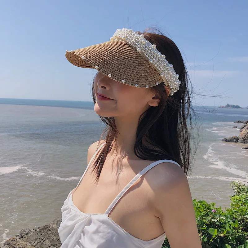 

Straw hat female summer handmade pearl beach straw hat female sunshade sun hat Korean version of the net red cap