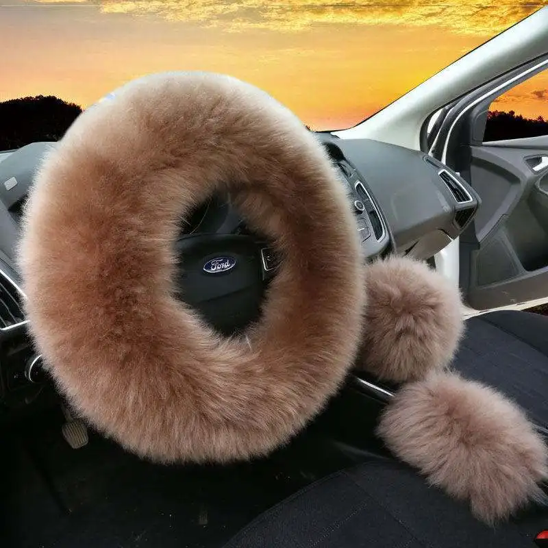 

Winter pure wool steering wheel cover auto sheep shearing handle cover long wool short wool handle cover three piece set for men