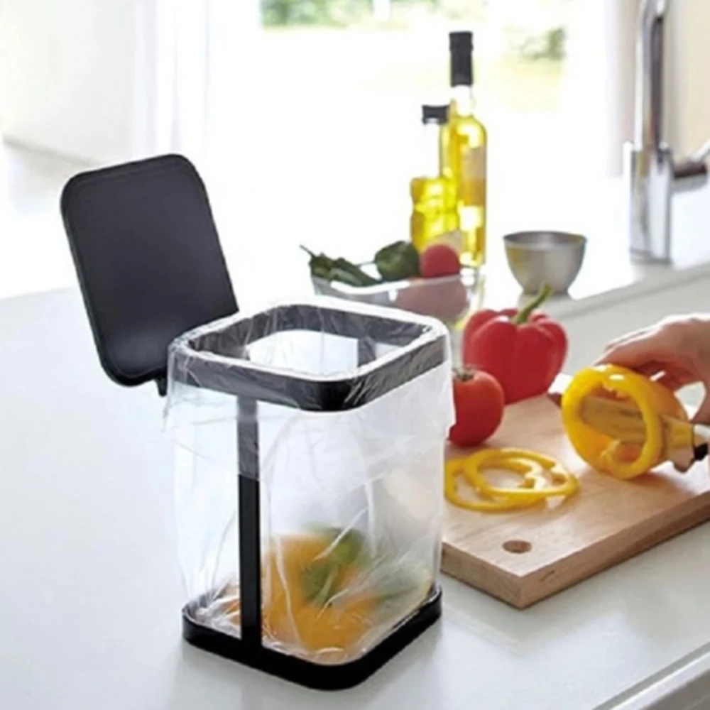 

Simple Creative Home Kitchen Living Room Desktop Flip Trash Can Iron Storage Bucket Practical Garbage Bag Holder Black White