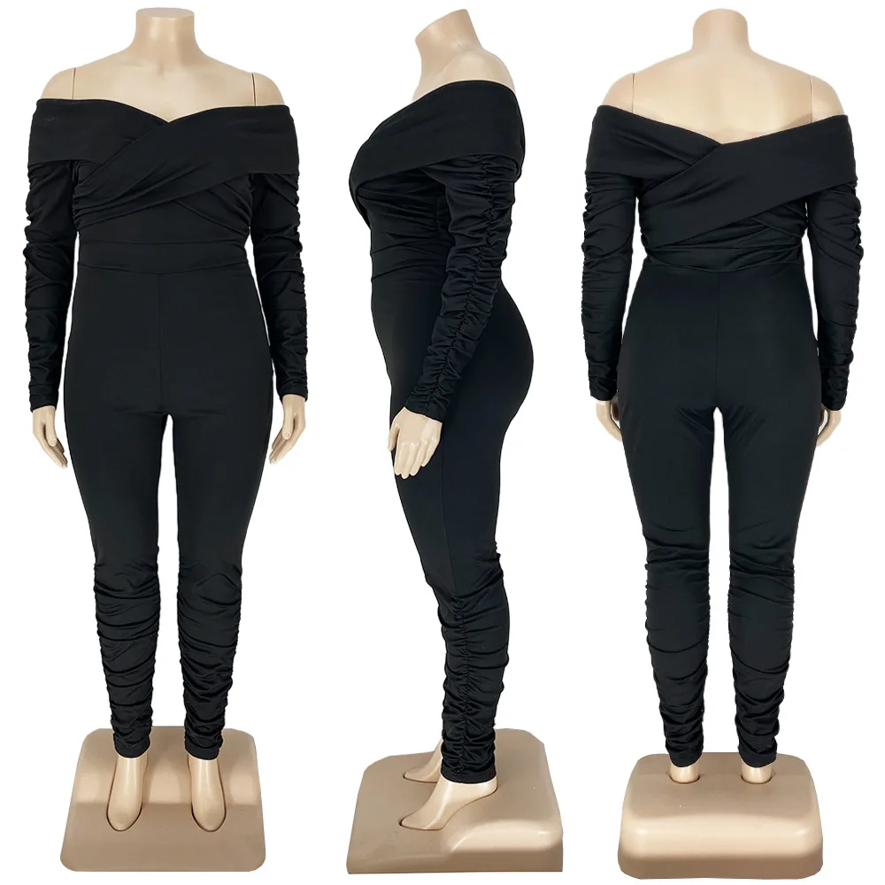 

Sexy Slash Neck Women Solid Plus Size Clubwear Jumpsuits Lady's Long Sleeve Backless Shirring Skinny Autumn Stacked Rompers