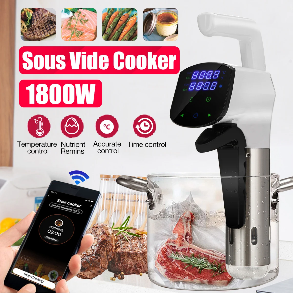 

24 Months Warranty IPX7 Waterproof 1800W LCD Touch Sous Vide Cooker Cooking Machine Sturdy Immersion Circulator Slow Cooker