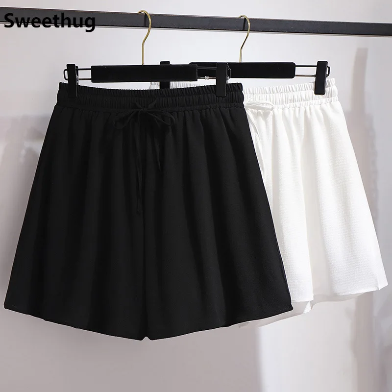 

New 2021 summer plus size shorts for women large loose casual elastic waist chiffon belt shorts white black 3XL 4XL 5XL 6XL
