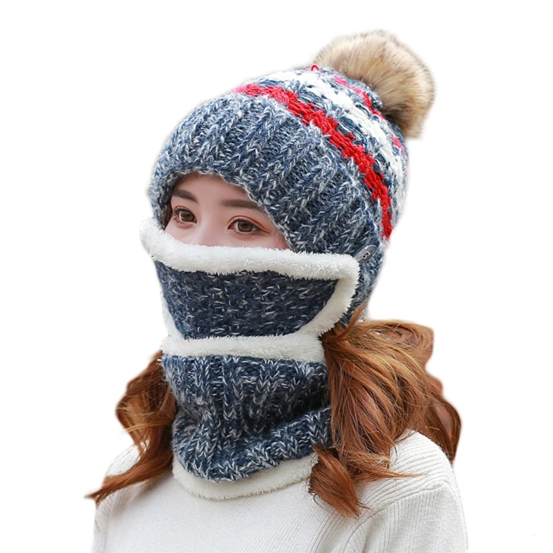 

Women 3Pcs Set Pompom Beanie Hat with Circle Scarf Mouth Mask Warm Plush Lined Knitted Winter Windproof Ski Skull Cap