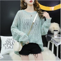 summer hollow out thin women knitted pullover tops fashion mohair female mesh long sleeve pull jumper cool femme o neck pullover