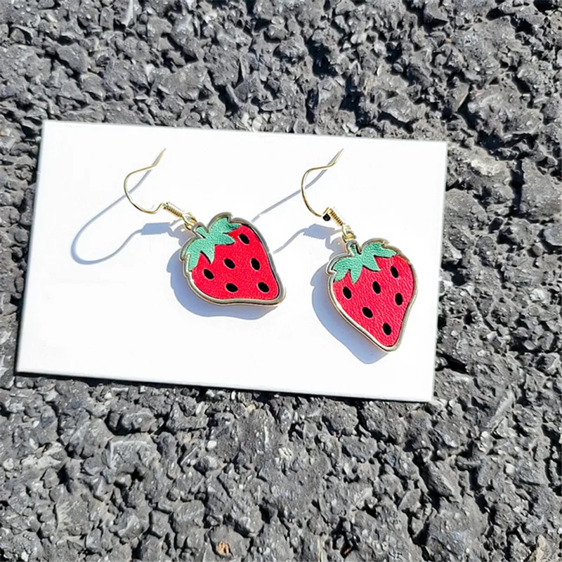 Cpop Handmade Leather Earrings for Women Gold Red Strawberry Pendant Fashion Female Jewelry Accessories Hot Sale Gift | Украшения и