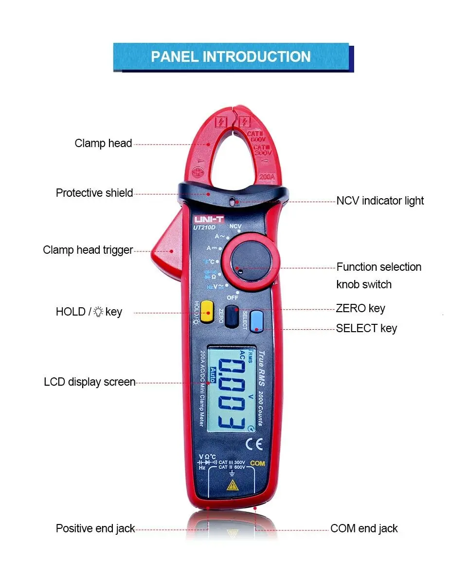UNI-T Мини цифровой клещи; UT210D/UT210E AC DC Вольт Ампер Ом метр; True RMS мультиметр+ USB напряжение и ток монитор