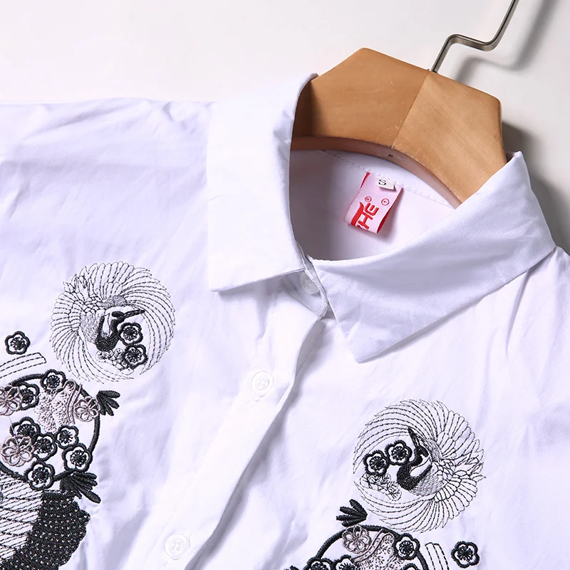 

New Elegant Fashion Women Spring Autumn Embroidery Shirt Office Lady Turn Down Collar Long Sleeve Blouses Tops