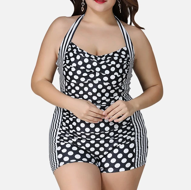 

Dot Print One-Piece Plus Size Swimsuit Women Push Up Halter Bodysuit Large Size Swimwear Monokini Female Trunks Swimming Suit