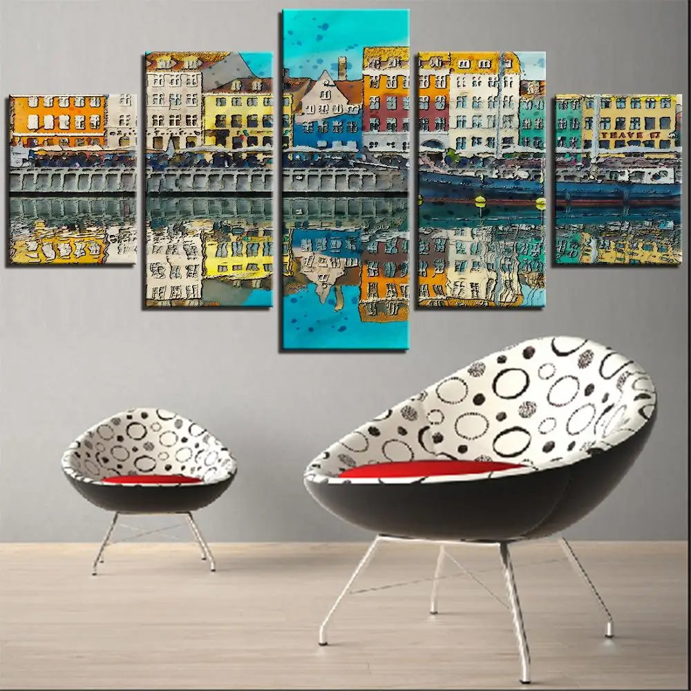 

5 Pieces Cartoon City Landscape Canvas Wallpaper Building Posters Stream River Oil Painting Water Village Picture Home Decor Art