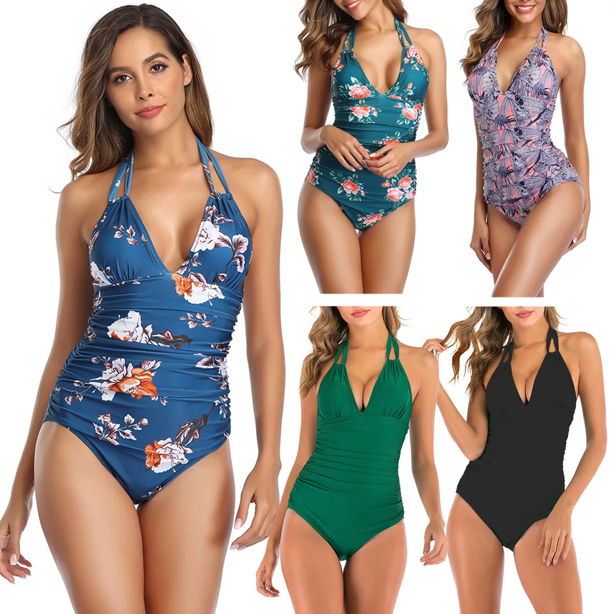 

Sexy Swimsuits Women One Piece Swimwear Flower 1pc Bikini High Waist Bathing Suits Ruched Desigan Beach Wear