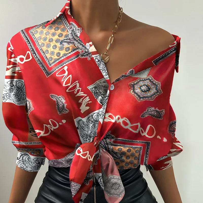 

2021 Spring Printed Long Sleeve Women's Shirt Turn-down Collar Female Shirts Fashion Streetwear Vintage Casual Ladies Top
