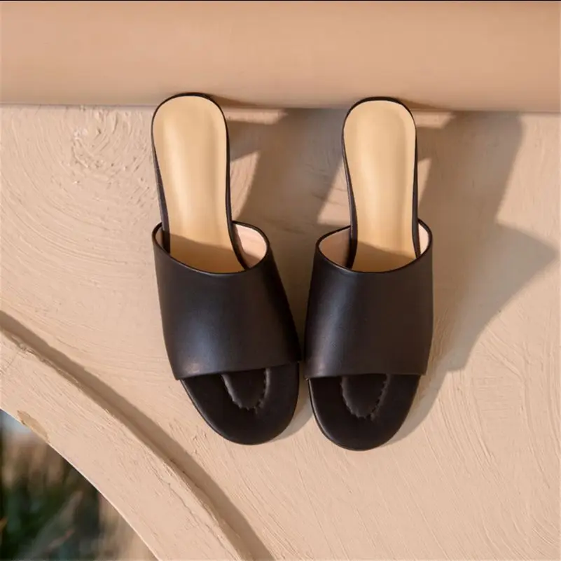 

Meotina Women Sandals Genuine Leather Shoes Round Heels Design Slippers Sandals Round Toe Slides Ladies Footwear Summer White 40