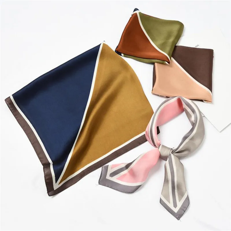 

New 70x70cm Women Polyester Silk Scarf Solid color Patchwork Printed Satin Small Square Wraps Scarves Shawl Headband Neck Ties