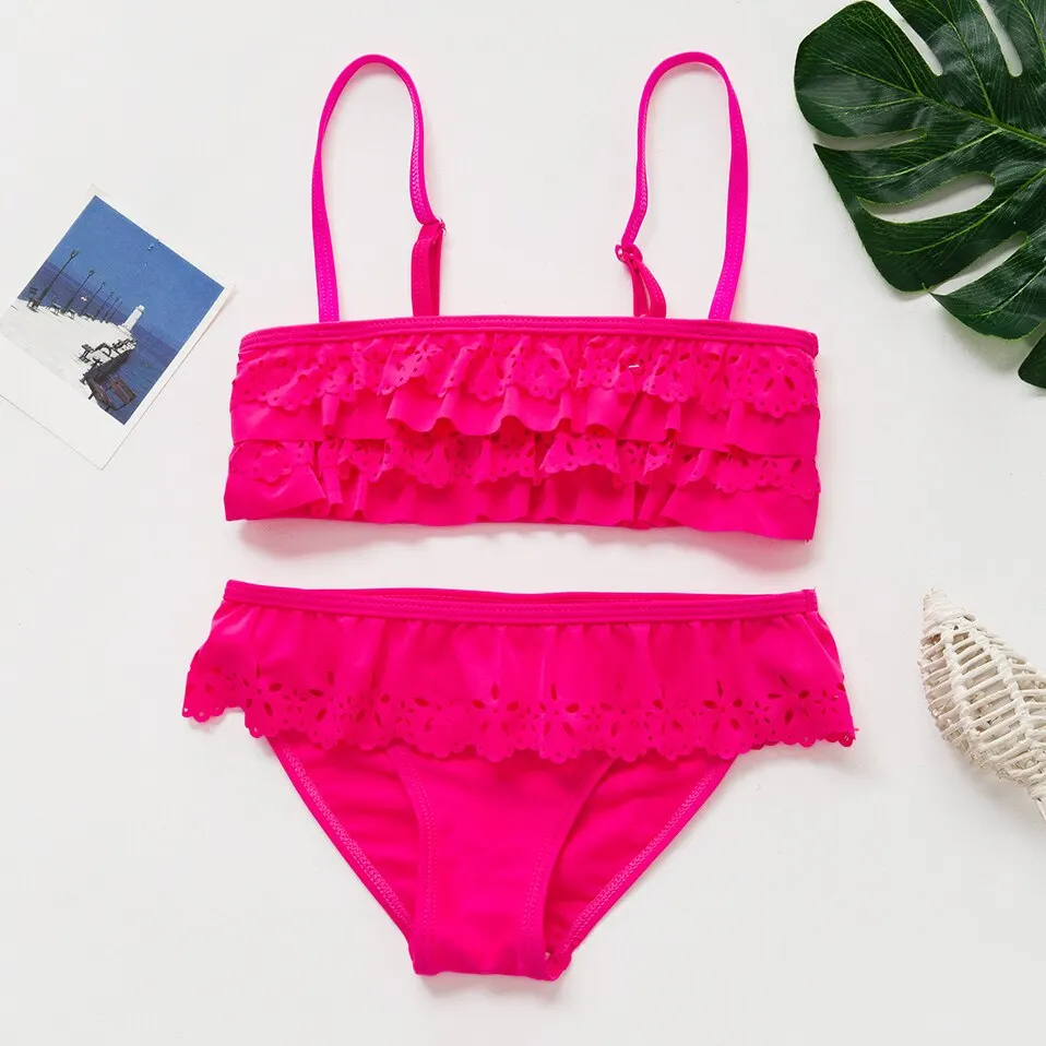 

Bikini Set New 2022 Hollow out Girls Swimsuit 3~14Y Girls swimwear Ruffle Style Kids Two pieces Children Beachwear-ST9031mix
