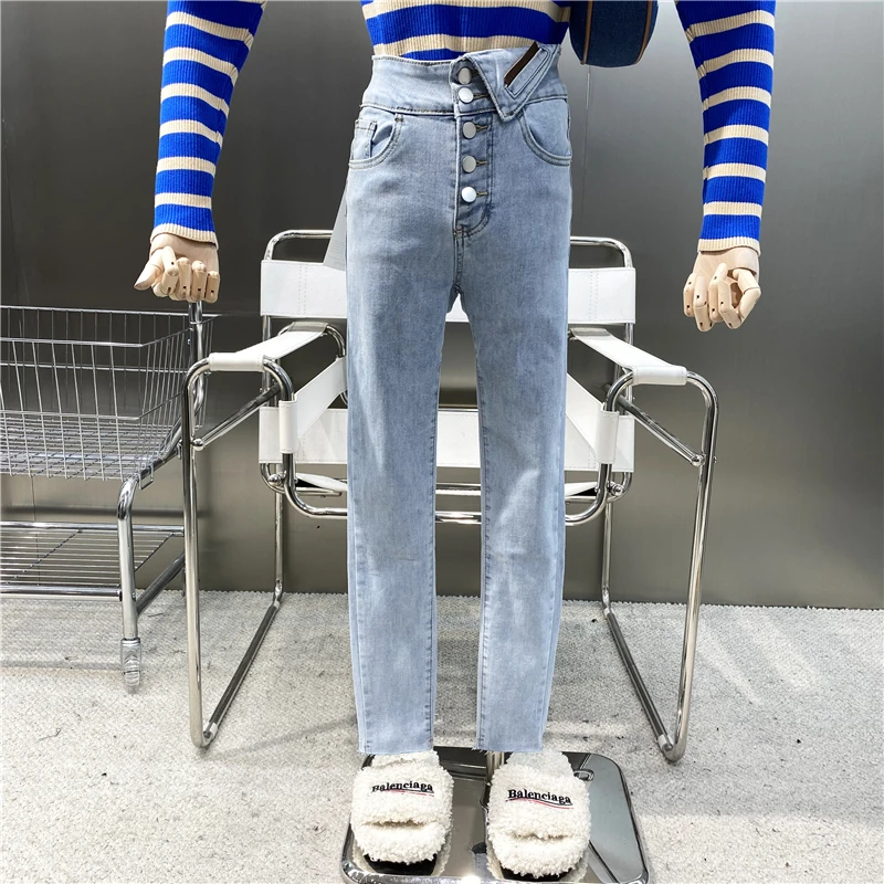 

New High Waist Letter Pasted Cloth Single Breasted Elastic Slim Fit Leg Pencil Pants Personalized Rough Denim Leggings Trousers