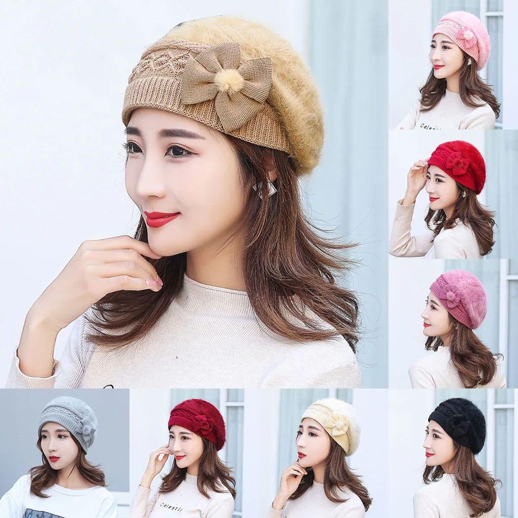 Модная женская теплая однотонная Мягкая шерстяная шапка вязаная ветрозащитная