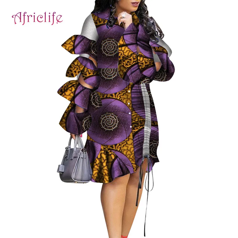 

2021 Dresses for African Women Ruffle Sleeve Knee-Length Shirt Traditional Clothing Bazin Riche Print Plus Size Clothing WY4374