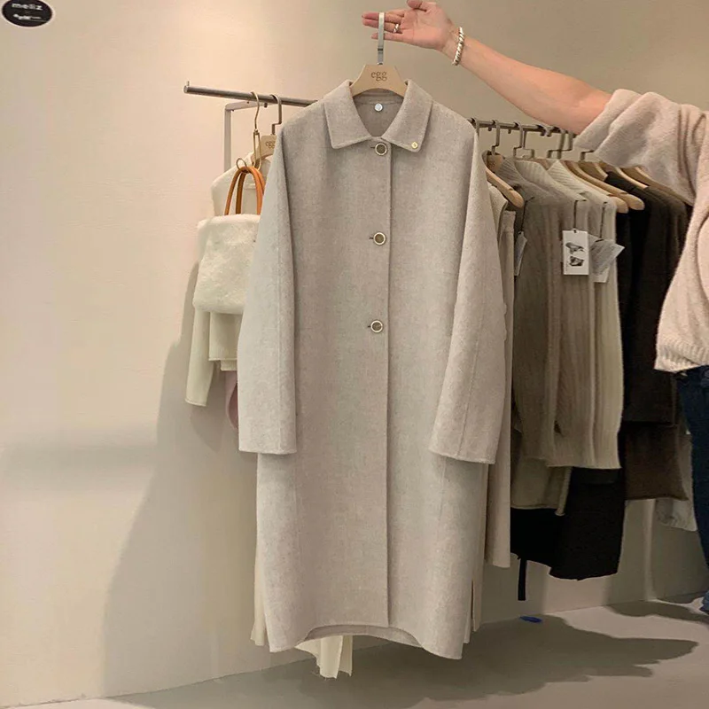 

Новинка Зима 2021 просторное двустороннее шерстяное пальто в виде яйца в Корейском стиле длинное женское пальто с лацканами