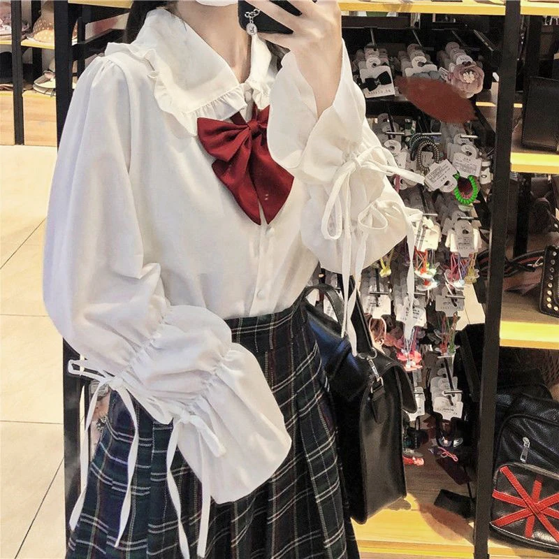 

Soild Chiffon Blouses Women Bow Long Sleeve Peter Pan Collar Kawaii Shirts Female Elegant Ladies Tops Korean Loose 2021 Summer