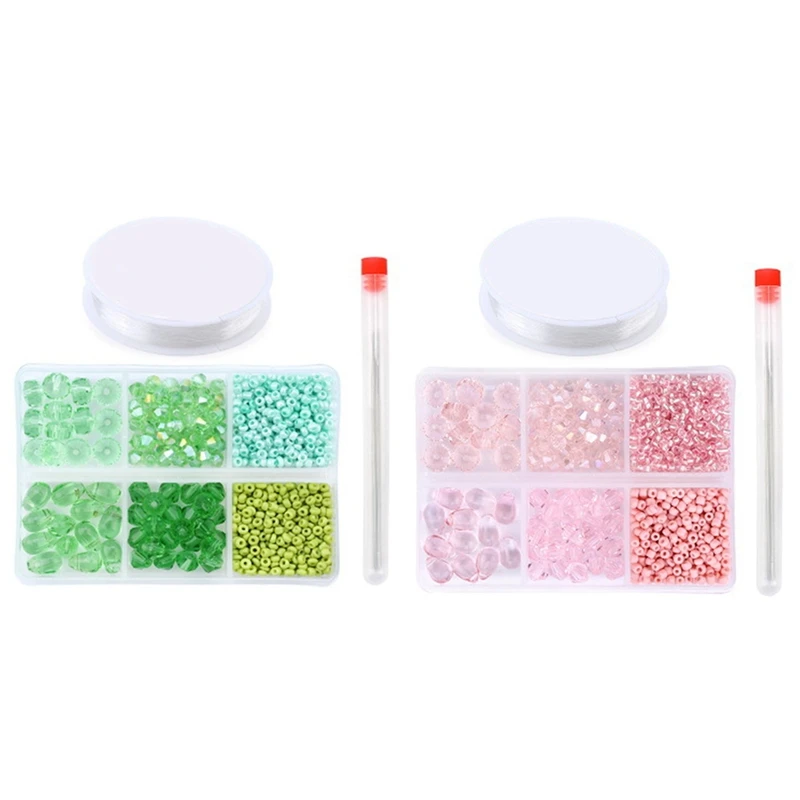 

2 Set Mixed Shape Crystal Seed Beads Glass Round Drop Beads, Used to Make Jewelry, Find Jewelry, Green & Pink