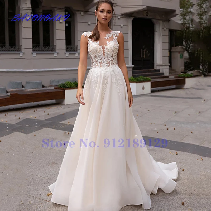 

Vestido De Novia Graceful A Line Lace Wedding Dresses Sleeveless Jewel Neck Appliques Illusion Back Princesa Bridal Gown Mariée