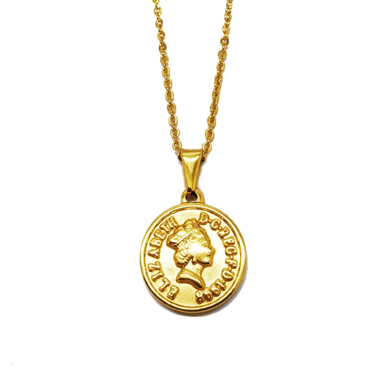 

Vintage Gold British Elizabeth Queen Avatar Pendant Necklace Stainless Steel Money Corner Dollar Coin Round Pendant Jewelry
