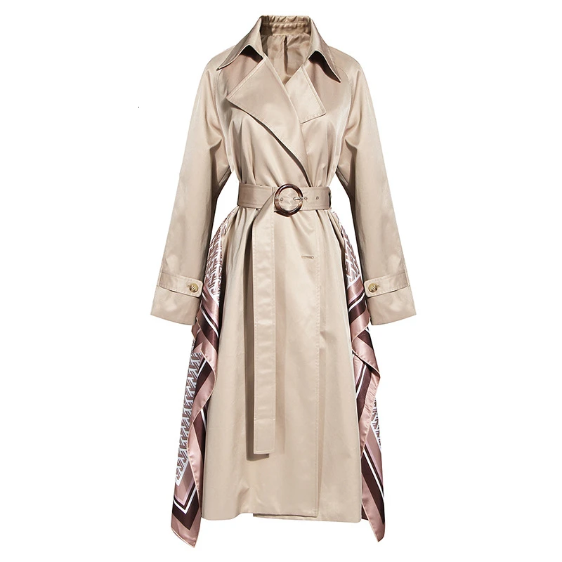 khaki TWOTWINSTYLE Patchwork Ruched Trench Coats Female Lapel Collar Long Sleeve High Waist Sashes Windbreaker Women Clothing New - Цвет: khaki
