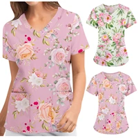 summer uniform clinical 2021 women short sleeve v neck floral pattern tops nursing working uniform t shirts medical scrubs