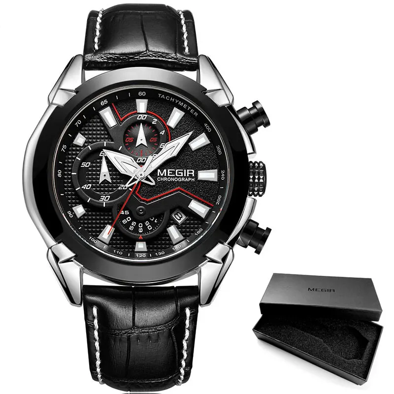 ML2065G-Black MEGIR мужские модные спортивные кварцевые часы с кожаным водонепроницаемым светящимся хронографом наручные часы Relogios Masculino 2065 Rose - Цвет: ML2065G-Black