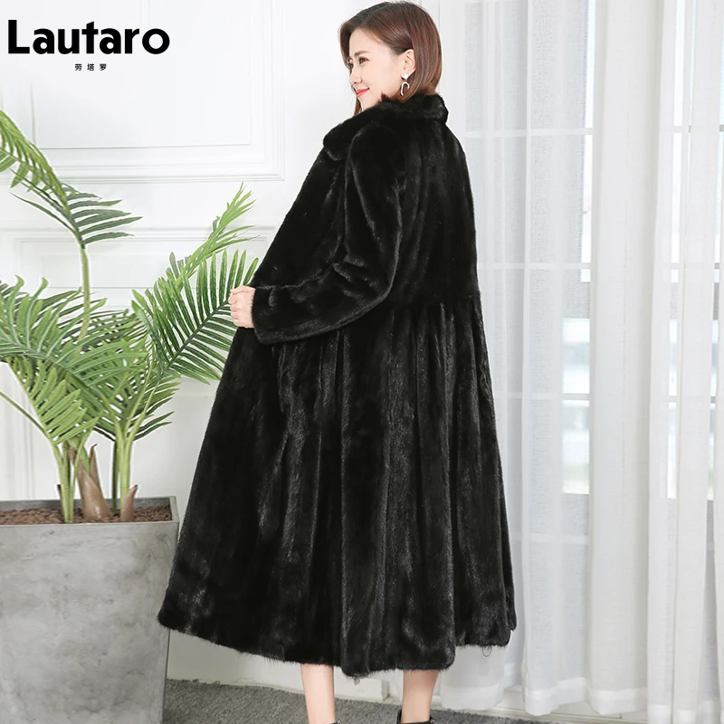 Lautaro Winter Black Long Warm Thick Skirted Faux Fur Coat Women Long Sleeve Fit and Flare fluffy Mink Outerwear Korean fashion