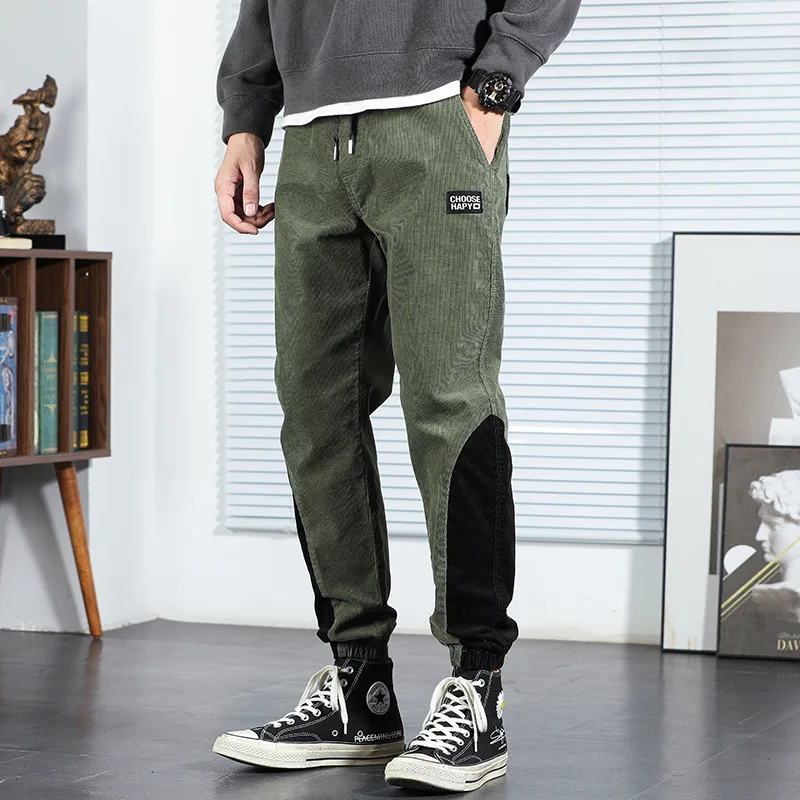 

Korean Style Fashion Casual Men Jeans Patch Spliced Designer Corduroy Cargo Pants Hip Hop Joggers Streetwear Wide Leg Trousers