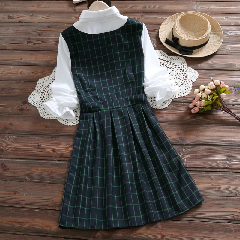 kawaii plaid dress spring preppy style bow long sleeve sweet college pleated Mori girl cute | Женская одежда