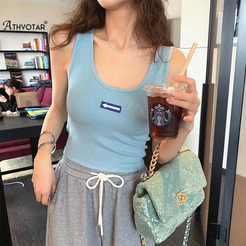 

ATHVOTAR New Tank Top Women Summer Casual Fitness Short Vest Soild Colors Knitted Off Shoulder Sexy Crop Top Women 2021