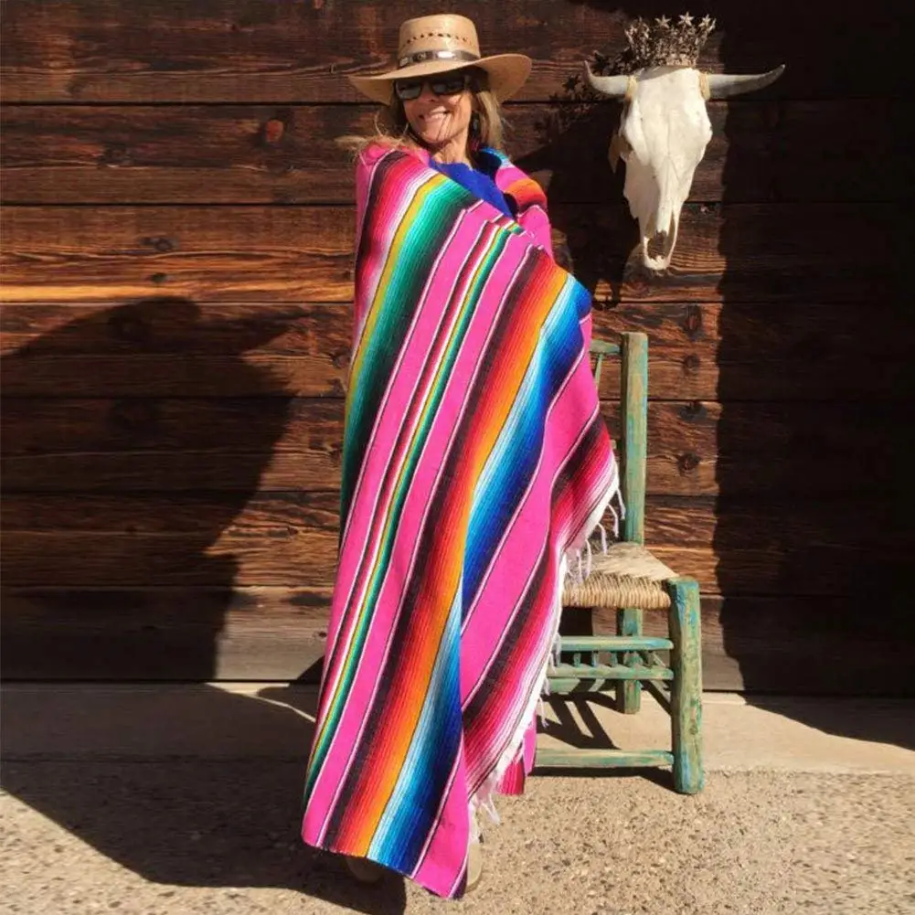 

Rose Mexican Serape Blanket Tapestry Outdoor Stripe Rainbow Beach Blankets Mat with Tassel for Beds Travel Picnic Sofa Emergency