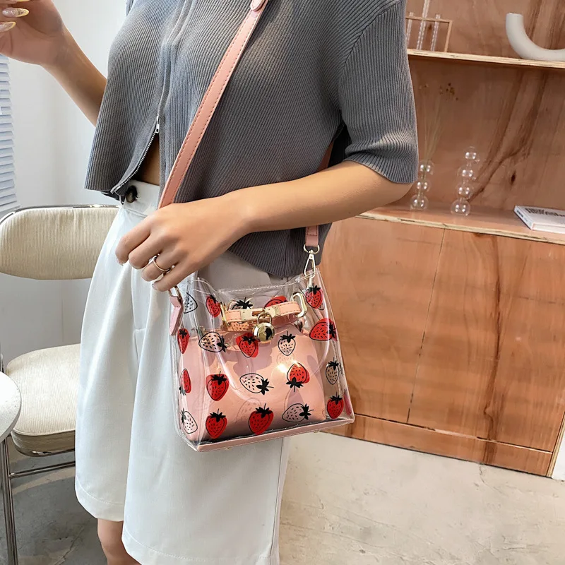 

Clear Crossbody Bags for Women Satchels Cartoon Strawberry Print Shoulder Bag Female Pink Green Black Ladies Cute Side jelly
