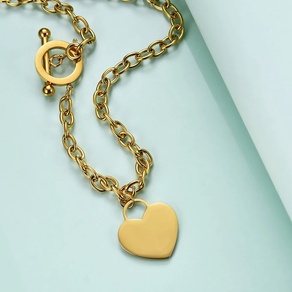 

New Design 316L Stainless Steel Chain Blank Heart Pendant Necklace For Women OT Buckle Toggle Choker Femme Jewelry