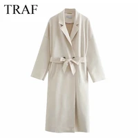 traf za autumn fashion overcoat long sleeve jackets pocket loose belt trench coat pure color simple commute jackets office wear