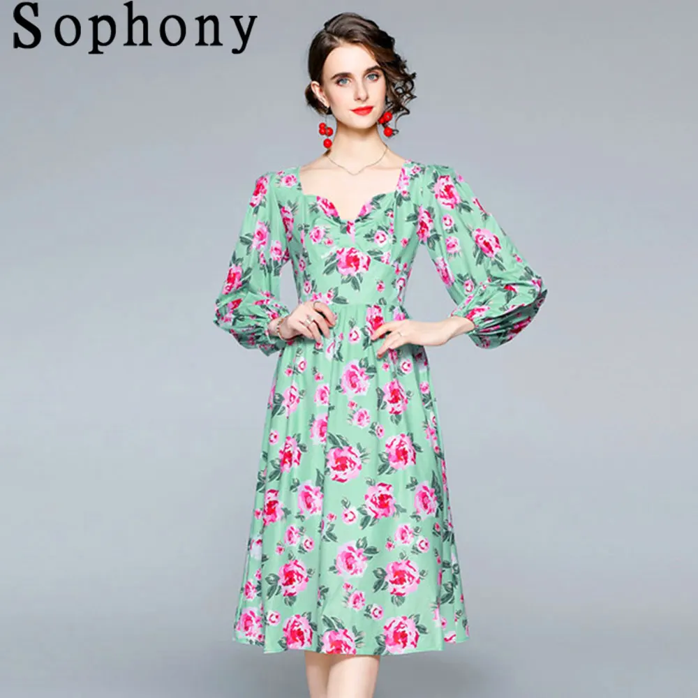 

Женское модельное платье миди с цветочным принтом, вечерние чные платья-трапеции с квадратным вырезом и рукавами-фонариками, весна-осень 2021