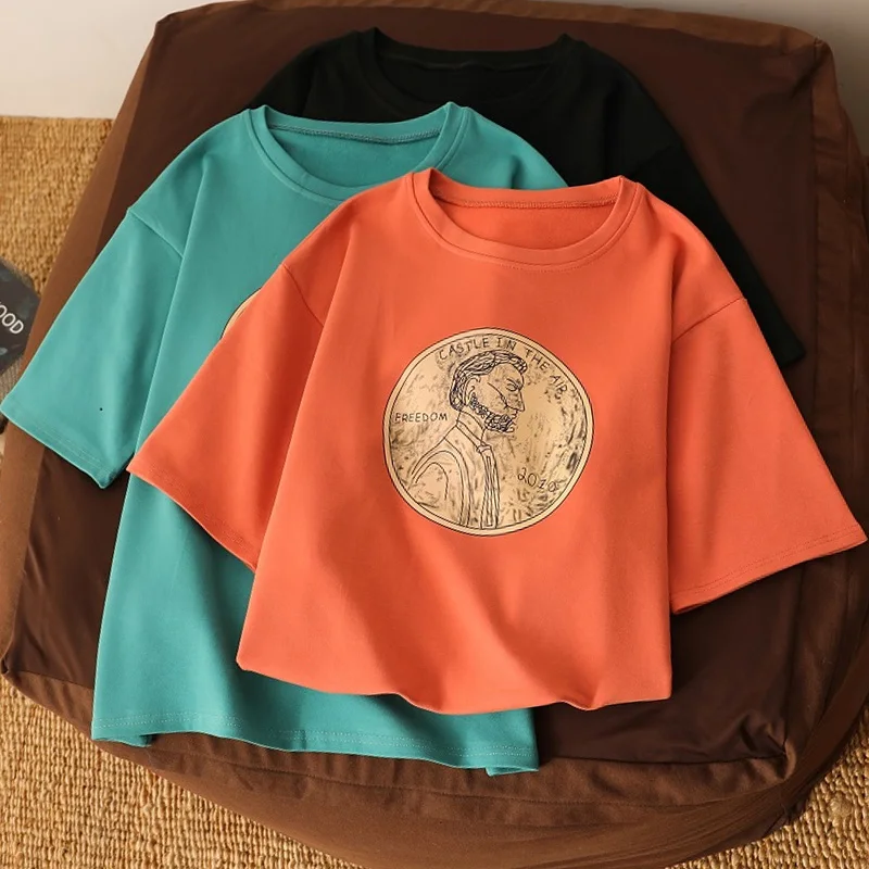 Футболка женская с коротким рукавом и мультяшным принтом простая повседневная