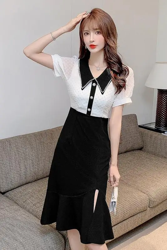 

COIGARSAM Women Korean Dress Fashion One Piece Summer 2021 New Office Lady Short Sleeve Patchwork Stand Neck Black Dresses Traf