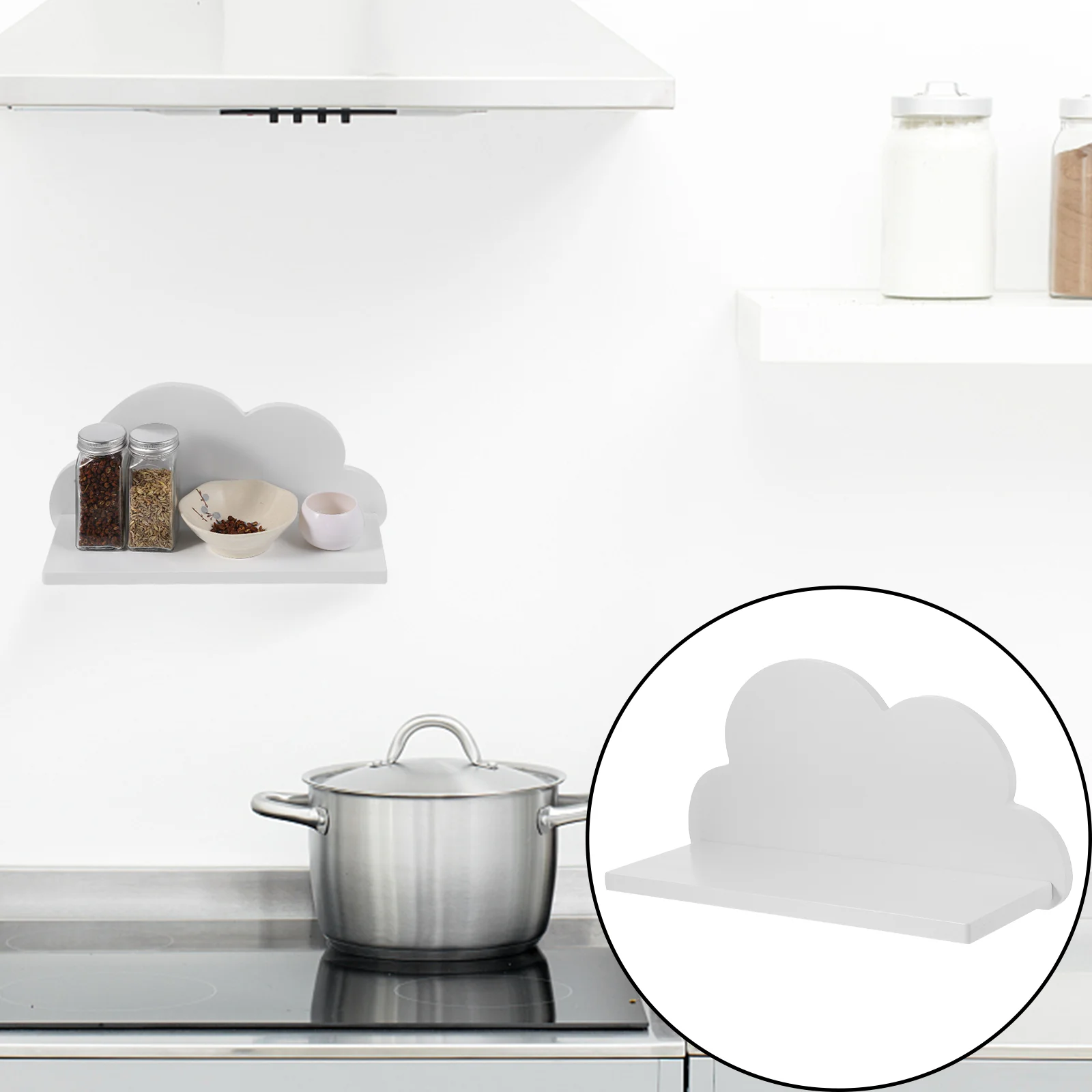 

1pc Punch Free Wooden Cloud Shape Baffle Shelf Floating Shelf for Home (White)