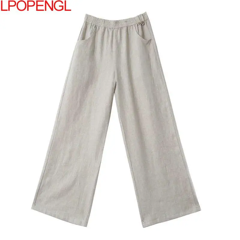 

Summer Ladies Cotton Linen Trousers Casual High Waist Pants 2021 Orange Wide-leg Loose Trousers Female Gray Elegant Streetwear